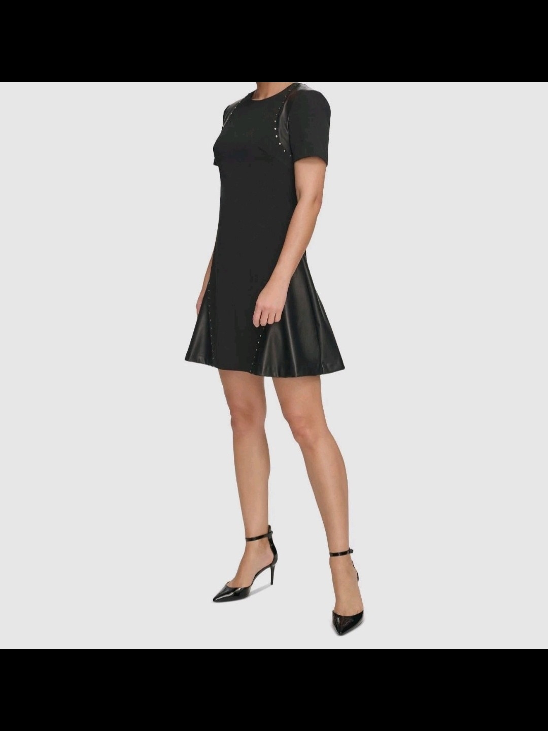 Dkny Black Short-Sleeve Fit & Flare Mini Dress With Faux Leather Panels